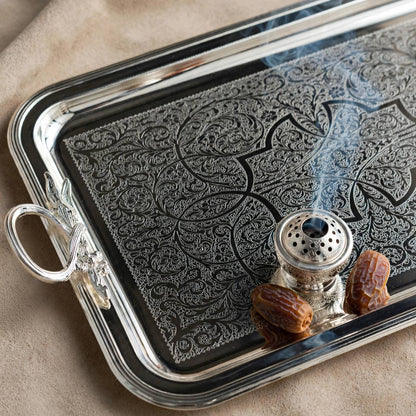 Royal Arabesque Engraved Stainless Steel Serving Tray with Foliage Handles – 56 × 32 cm