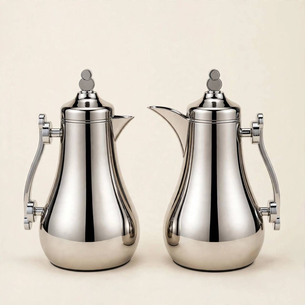 Mahra Chrome Mirror Tea & Coffee Hospitality Set – 1.0L & 1.0L Thermal Carafes with 6 Handled Tea Glasses, Silver Saucers, Cawa Cups & Mirrored Serving Tray