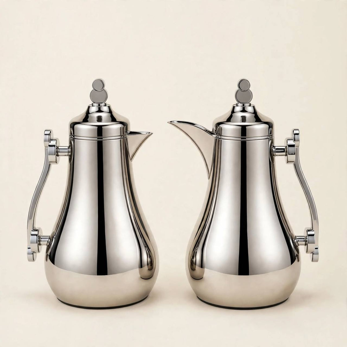 Mahra Chrome Mirror Tea & Coffee Hospitality Set – 1.0L & 1.0L Thermal Carafes with 6 Handled Tea Glasses, Silver Saucers, Cawa Cups & Mirrored Serving Tray