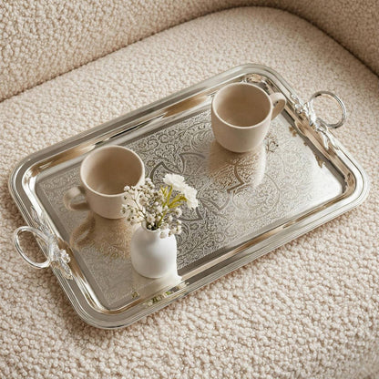 Royal Arabesque Engraved Stainless Steel Serving Tray with Foliage Handles – 56 × 32 cm