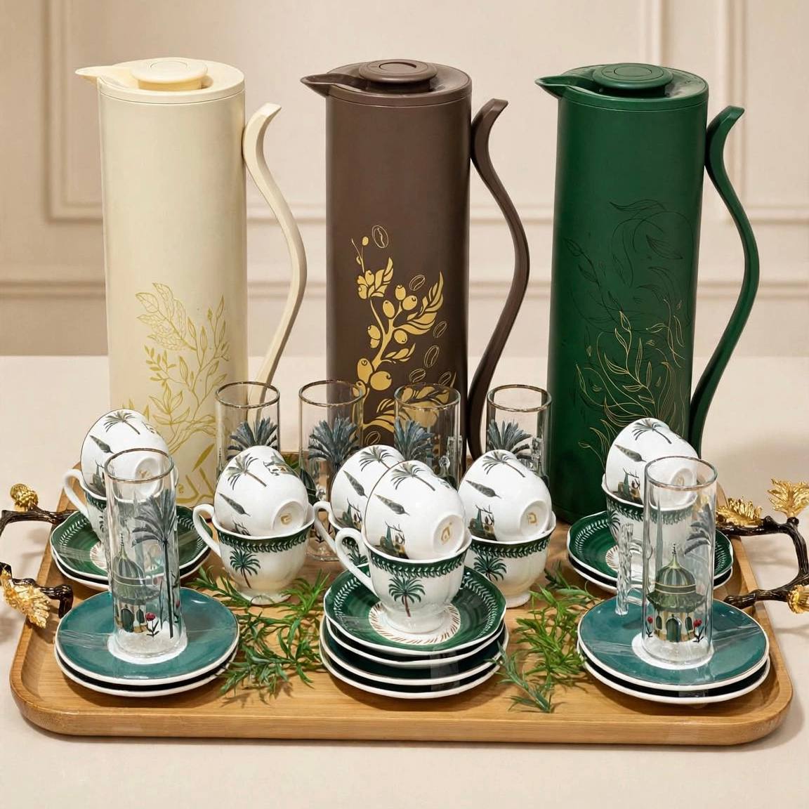 Heritage 3-Carafe Hospitality Set (Tea, Coffee & Karak) with Wooden Tray