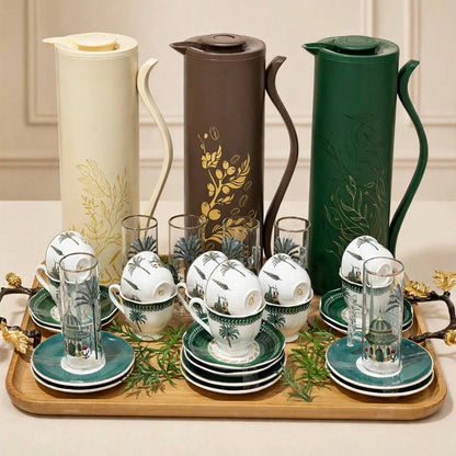 Heritage 3-Carafe Hospitality Set (Tea, Coffee & Karak) with Wooden Tray