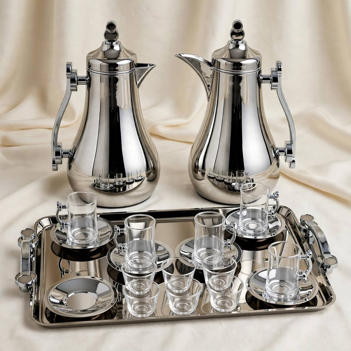 Mahra Chrome Mirror Tea & Coffee Hospitality Set – 1.0L & 1.0L Thermal Carafes with 6 Handled Tea Glasses, Silver Saucers, Cawa Cups & Mirrored Serving Tray