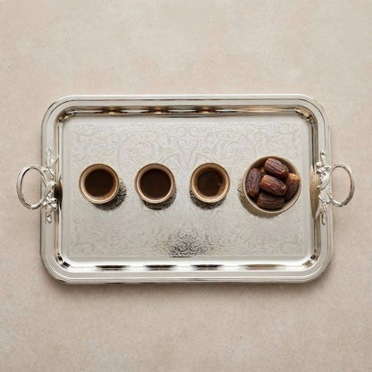 Royal Arabesque Engraved Stainless Steel Serving Tray with Foliage Handles – 56 × 32 cm