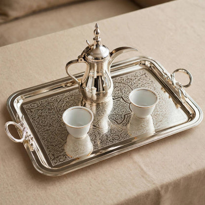 Royal Arabesque Engraved Stainless Steel Serving Tray with Foliage Handles – 56 × 32 cm