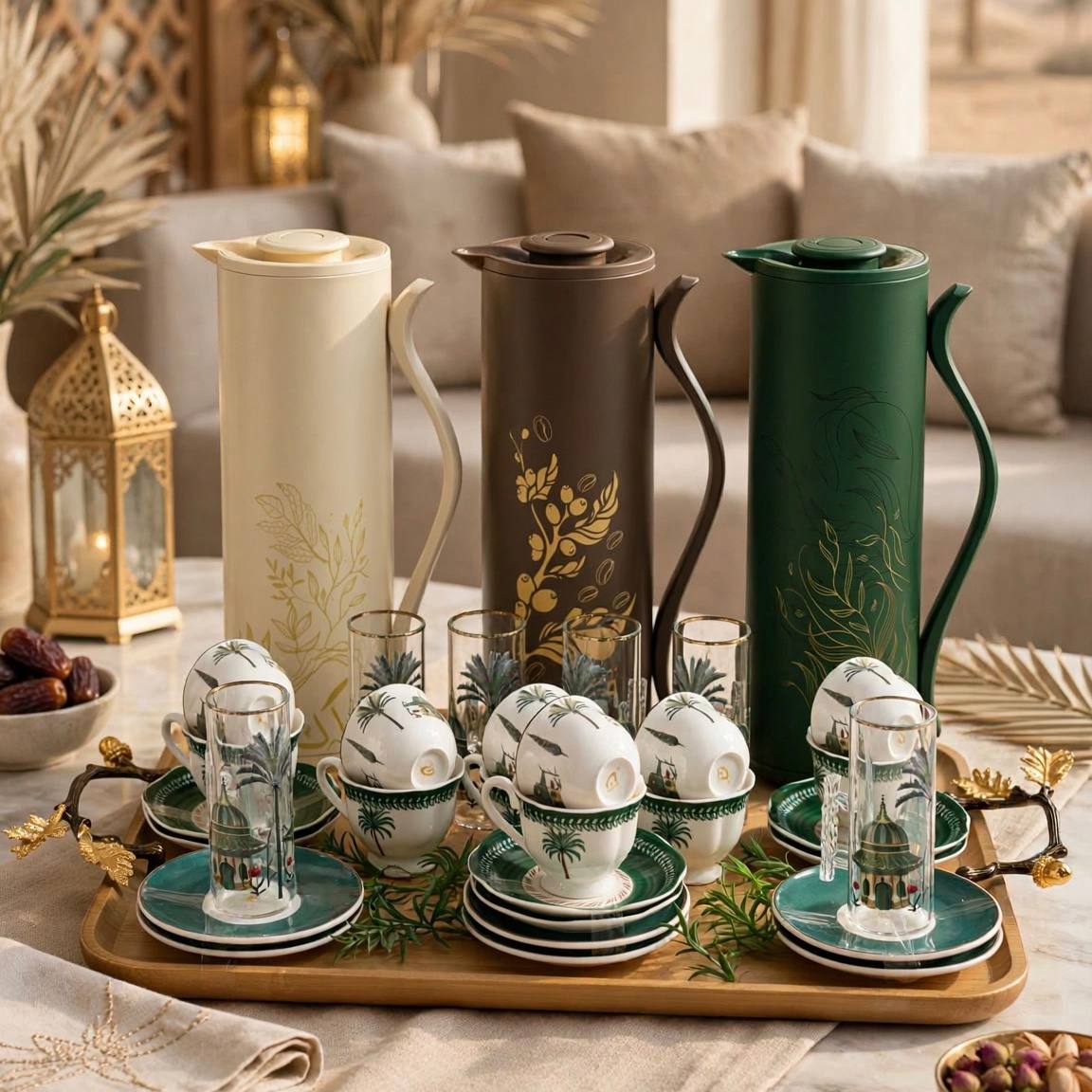 Heritage 3-Carafe Hospitality Set (Tea, Coffee & Karak) with Wooden Tray