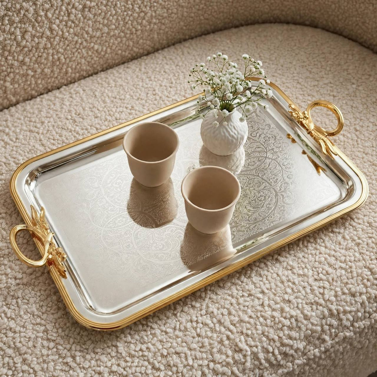 Royal Dual-Tone Arabesque Engraved Stainless Steel Serving Tray with Gilded Rim & Foliage Handles – 56 × 32 cm