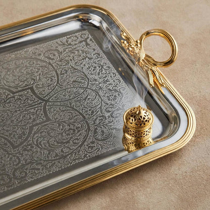 Royal Dual-Tone Arabesque Engraved Stainless Steel Serving Tray with Gilded Rim & Foliage Handles – 56 × 32 cm