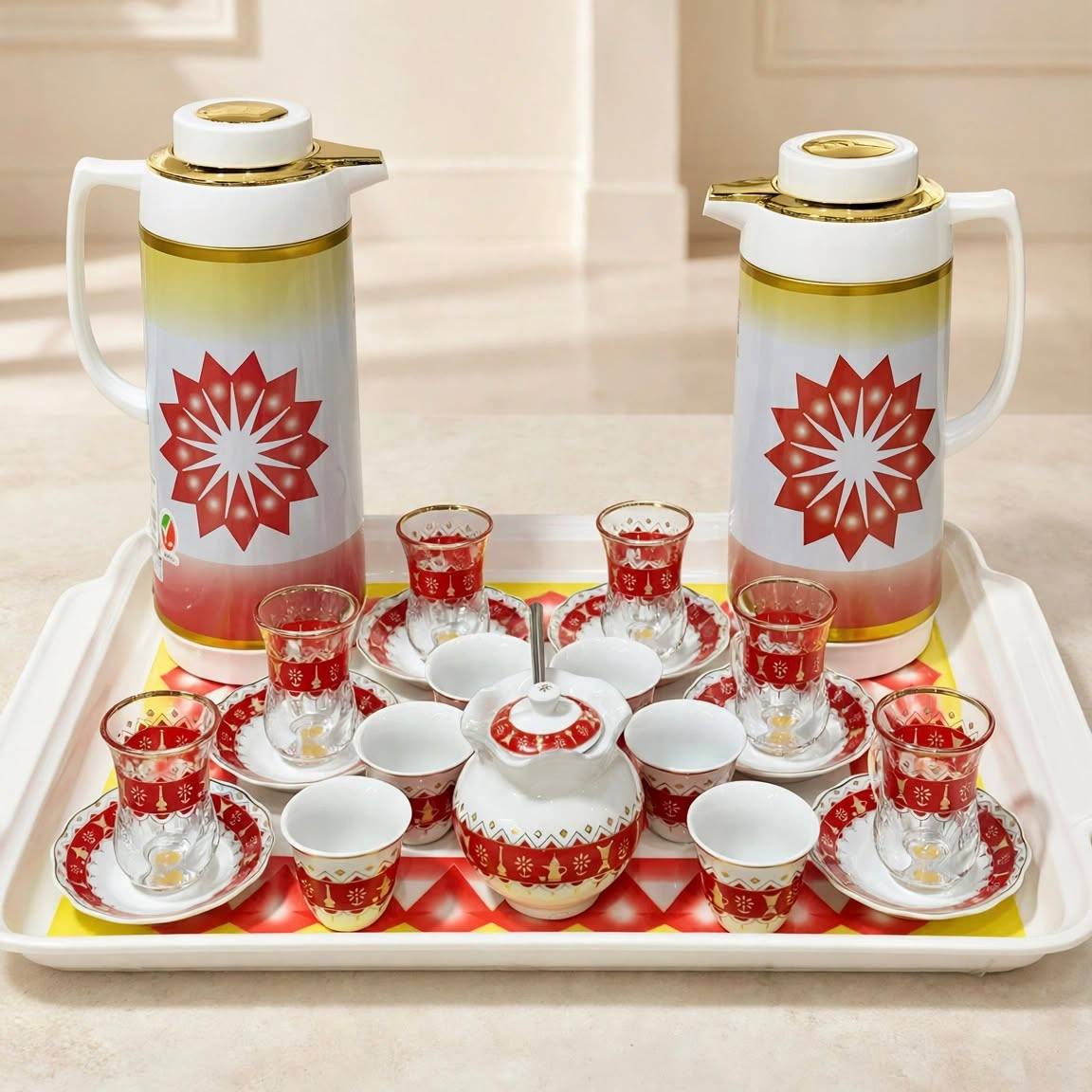 Heritage Crimson & Gold Geometric Tea & Coffee Hospitality Set with Sugar Bowl & Serving Tray