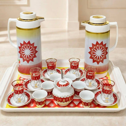 Heritage Crimson & Gold Geometric Tea & Coffee Hospitality Set with Sugar Bowl & Serving Tray