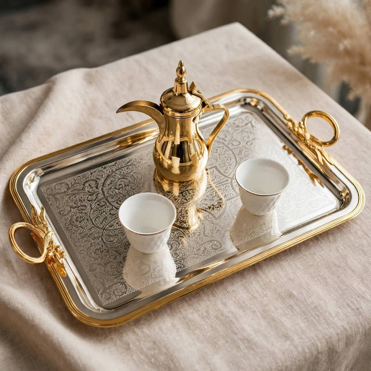 Royal Dual-Tone Arabesque Engraved Stainless Steel Serving Tray with Gilded Rim & Foliage Handles – 56 × 32 cm