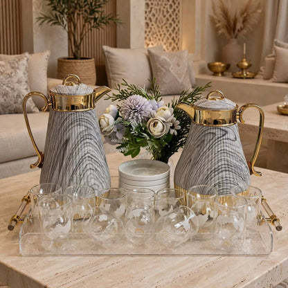 Marble Gray & Gold Tea & Coffee Set with Clear Acrylic Tray & Floral Accent