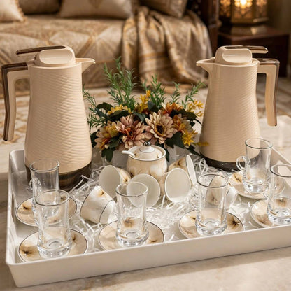 Modern Beige Wave Tea & Coffee Hospitality Set with Floral Porcelain, Sugar Pot, White Serving Tray & Autumn Centerpiece