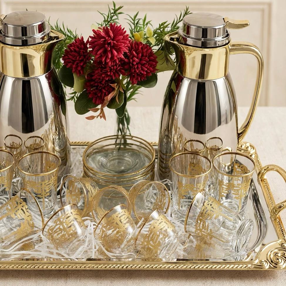 Royal Dual-Tone Chrome & Gold Tea and Coffee Hospitality Set with Gilded Palm Glassware, Baroque Tray & Crimson Bouquet
