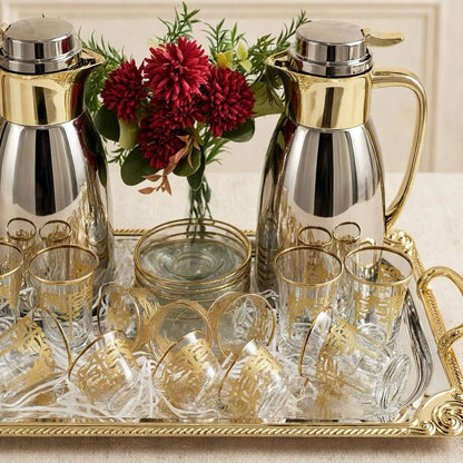 Royal Dual-Tone Chrome & Gold Tea and Coffee Hospitality Set with Gilded Palm Glassware, Baroque Tray & Crimson Bouquet