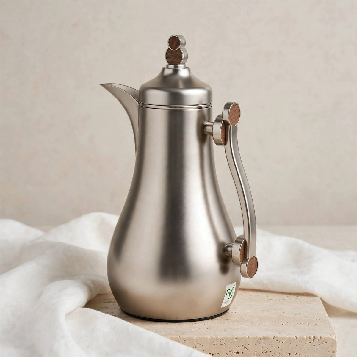 Modern Matte Brushed Silver & Wood 2-Piece Tea & Coffee Thermal Dallah Set – 1.0L & 1.0L