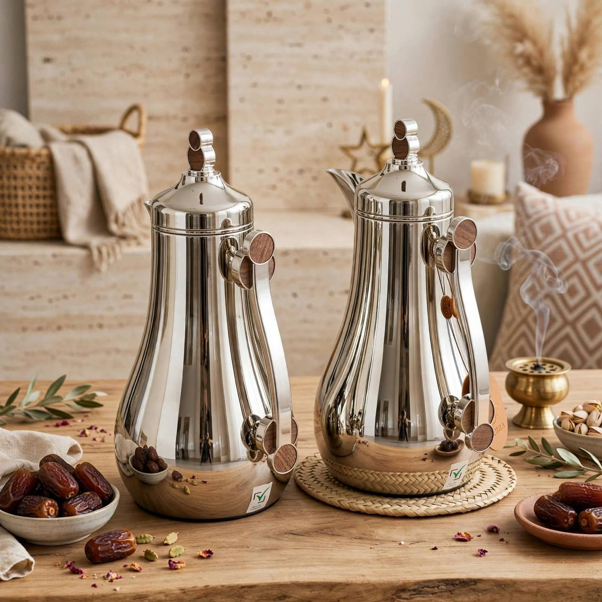 Modern Mirror Silver & Natural Wood 2-Piece Tea & Coffee Thermal Dallah Set – 1.0L & 1.0L