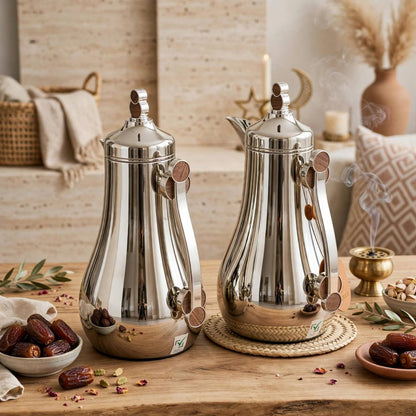 Modern Mirror Silver & Natural Wood 2-Piece Tea & Coffee Thermal Dallah Set – 1.0L & 1.0L