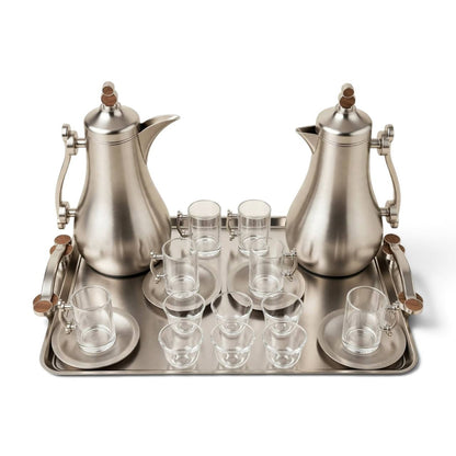 Modern Matte Silver & Wood Tea & Coffee Hospitality Set – 1.0L & 1.0L Thermal Carafes with 6 Handled Tea Glasses, Matte Saucers, Cawa Cups & Serving Tray