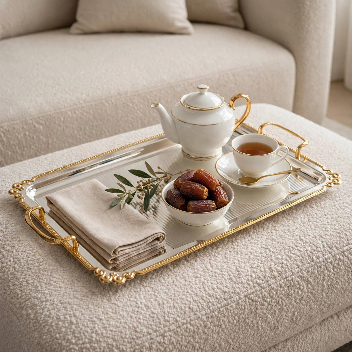 Royal Fluted Stainless Steel Serving Tray with Gilded Baroque Rim & Handles – 55 × 32 cm