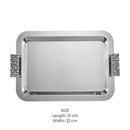Contemporary Mirror Chrome Stainless Steel Serving Platter with Textured Silver Handles – 51 × 32 cm