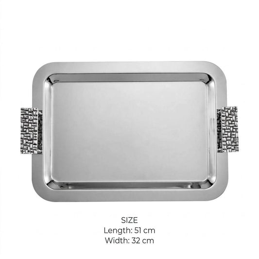 Contemporary Mirror Chrome Stainless Steel Serving Platter with Textured Silver Handles – 51 × 32 cm