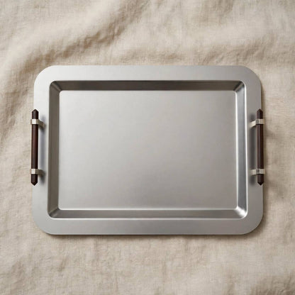 Modern Matte Brushed Silver Stainless Steel Serving Platter with Wooden Bar Handles – 50 × 35 cm