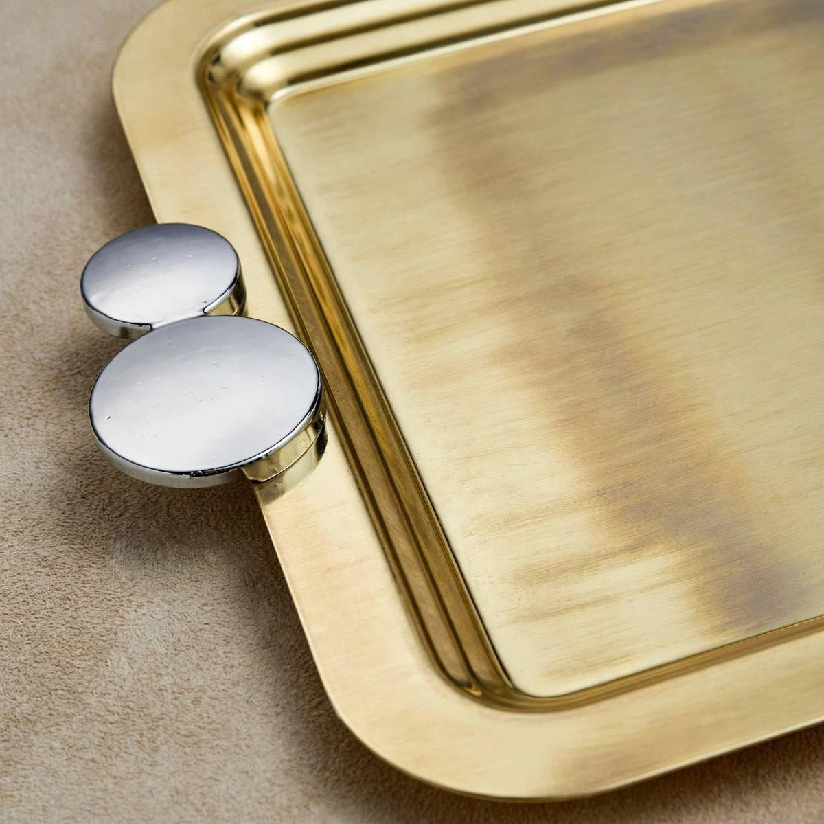 Royal Dual-Tone Gilded Stainless Steel 3-Piece Serving Tray Set with Modern Silver Disc Handles