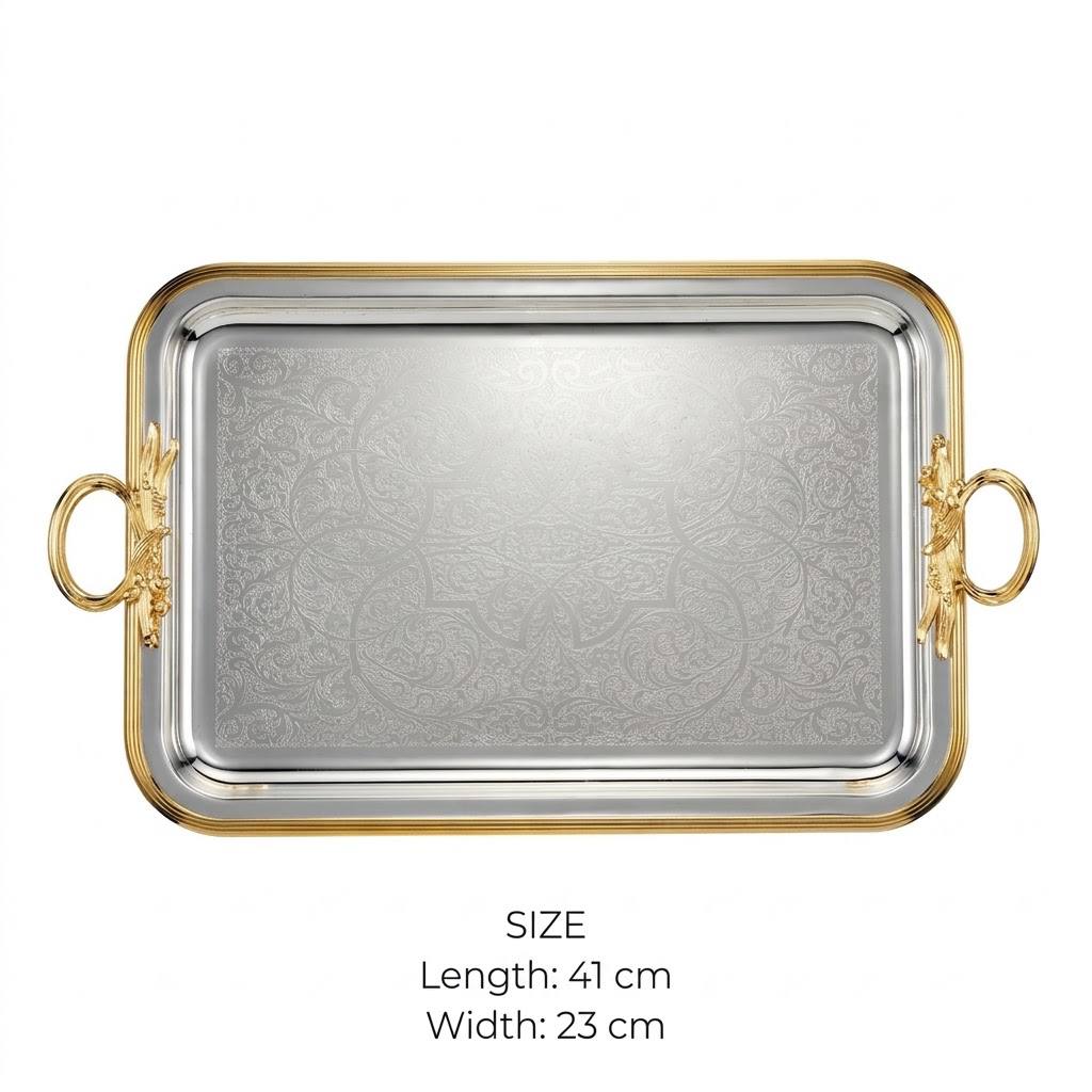 Royal Dual-Tone Arabesque Engraved Stainless Steel Serving Tray with Gilded Rim & Foliage Handles