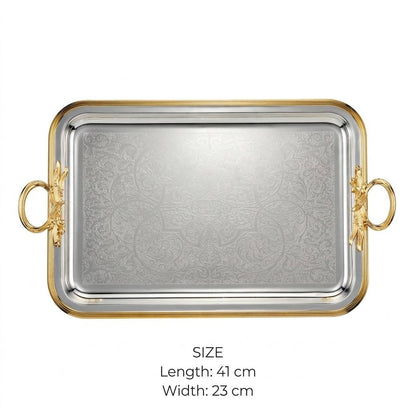 Royal Dual-Tone Arabesque Engraved Stainless Steel Serving Tray with Gilded Rim & Foliage Handles