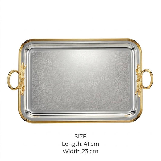 Royal Dual-Tone Arabesque Engraved Stainless Steel Serving Tray with Gilded Rim & Foliage Handles