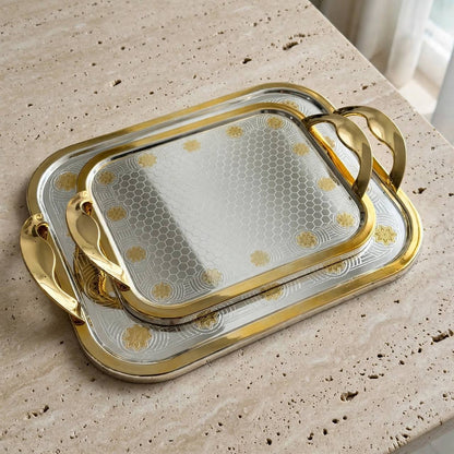 Royal Dual-Tone Stainless Steel 2-Piece Serving Tray Set with Honeycomb Pattern, Golden Floral Accents & Integrated Handles