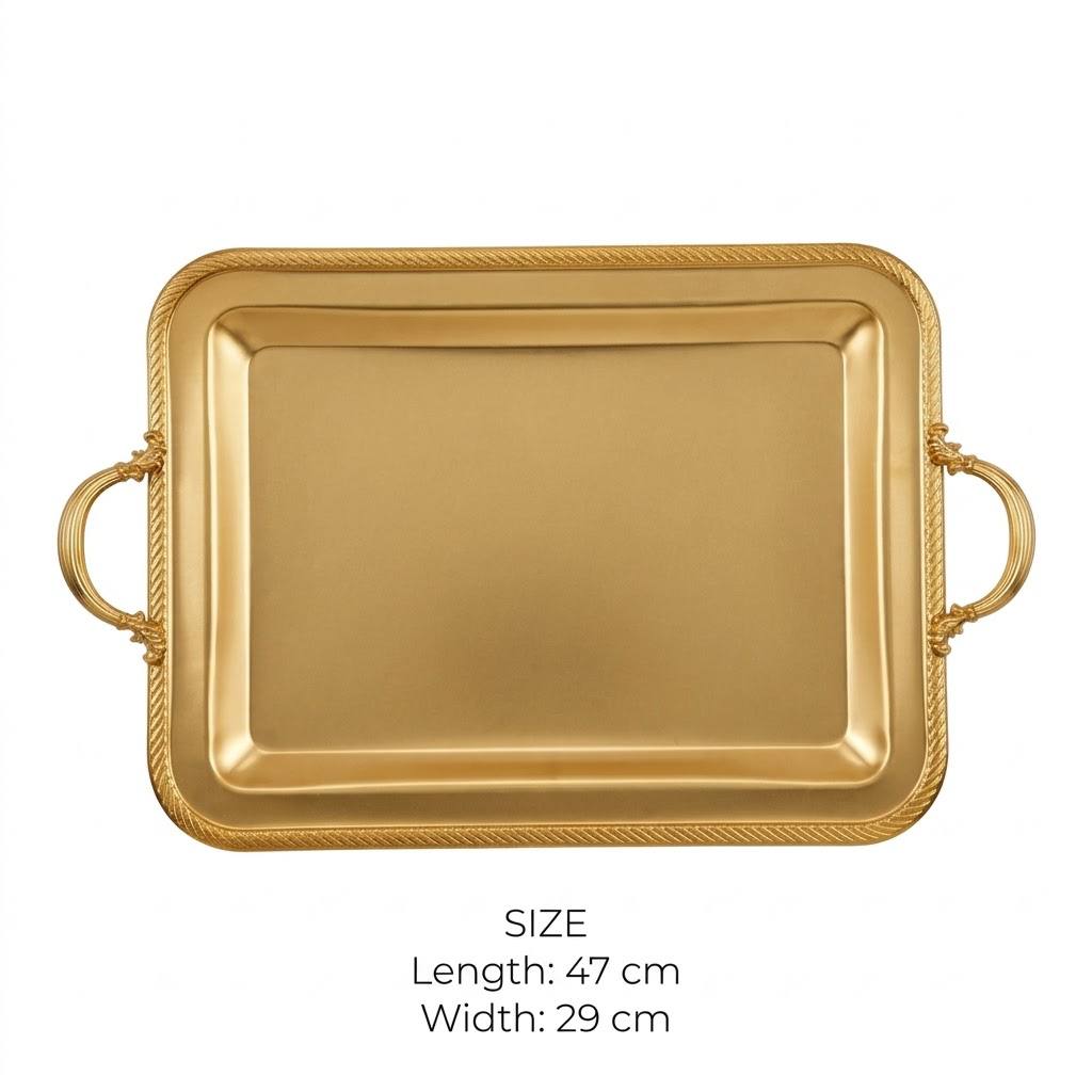 Royal Gilded Stainless Steel Serving Platter with Braided Rope Rim & Baroque Handles