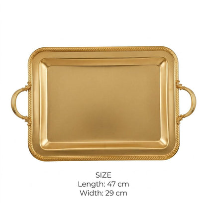 Royal Gilded Stainless Steel Serving Platter with Braided Rope Rim & Baroque Handles
