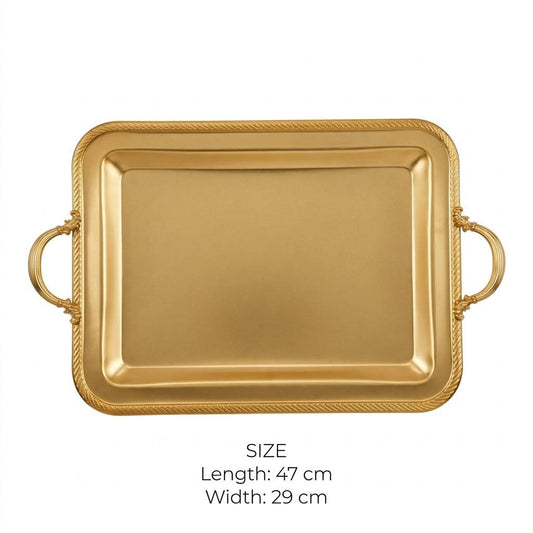 Royal Gilded Stainless Steel Serving Platter with Braided Rope Rim & Baroque Handles