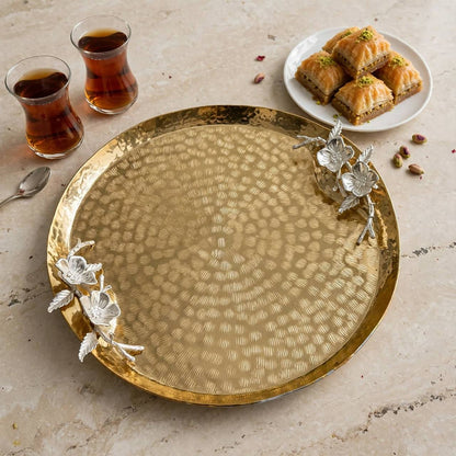 Turkish Gilded Round Serving Tray with Hammered Texture & Sculpted Silver Blossom Handles – 38 × 36 cm