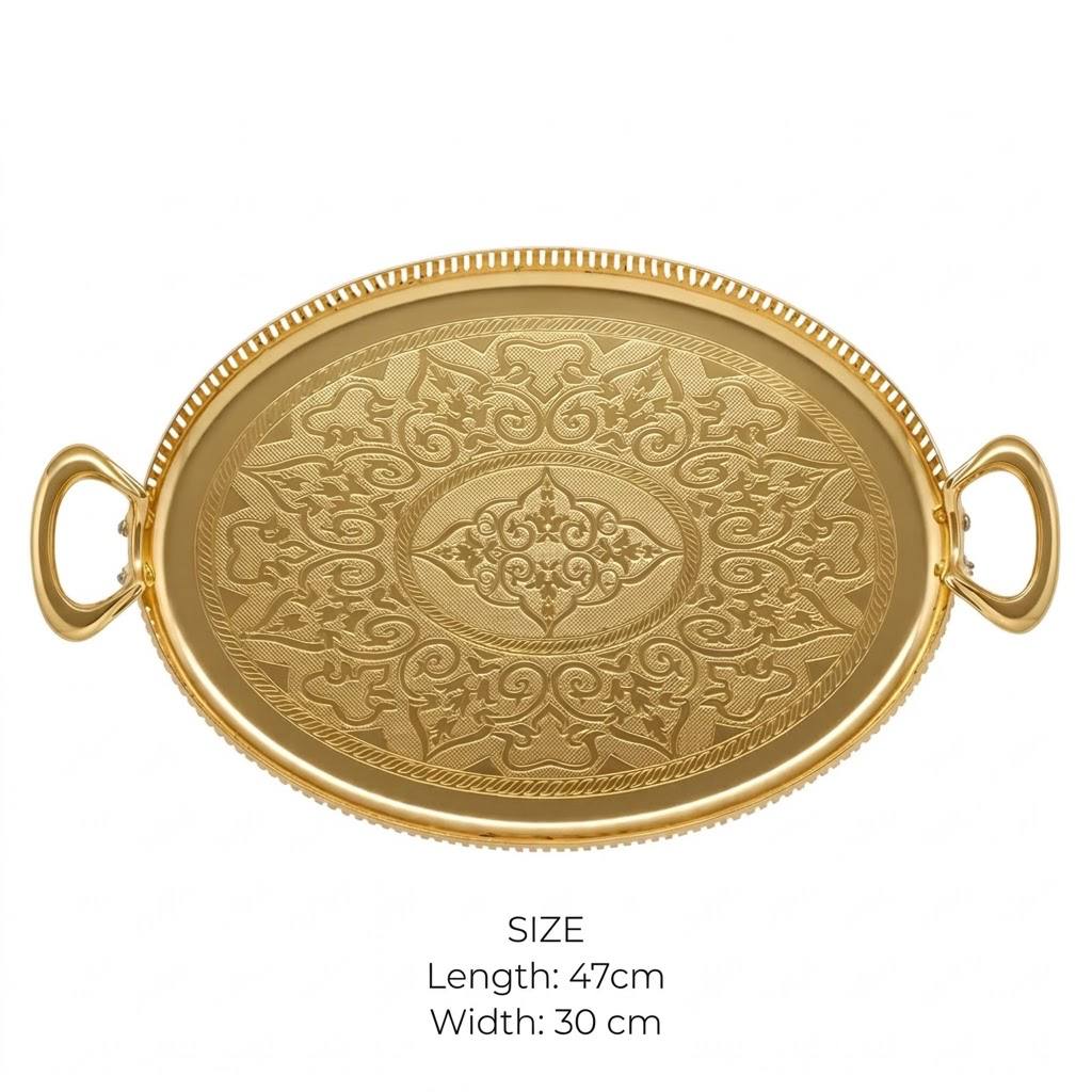 Royal Gilded Oval Serving Platter with Arabesque Laser Engraving & Pierced Gallery Rim – 47 × 30 cm