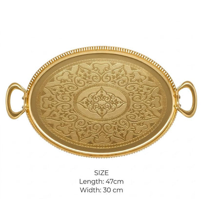 Royal Gilded Oval Serving Platter with Arabesque Laser Engraving & Pierced Gallery Rim – 47 × 30 cm