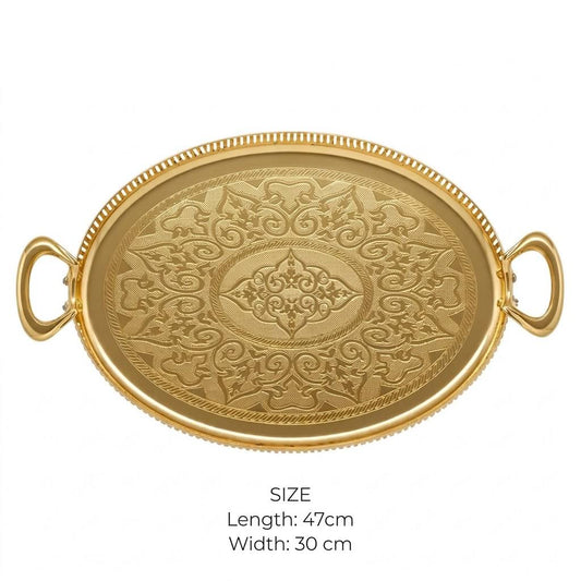 Royal Gilded Oval Serving Platter with Arabesque Laser Engraving & Pierced Gallery Rim – 47 × 30 cm