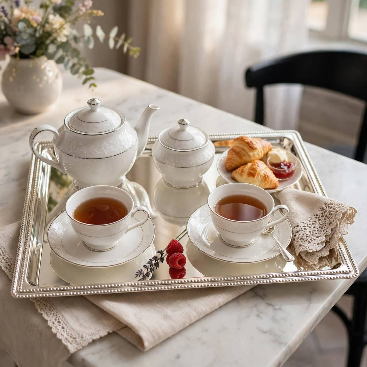 Classic All-Silver Stainless Steel Rectangular Serving Tray with Beaded Pearl Rim – 50 × 35 cm