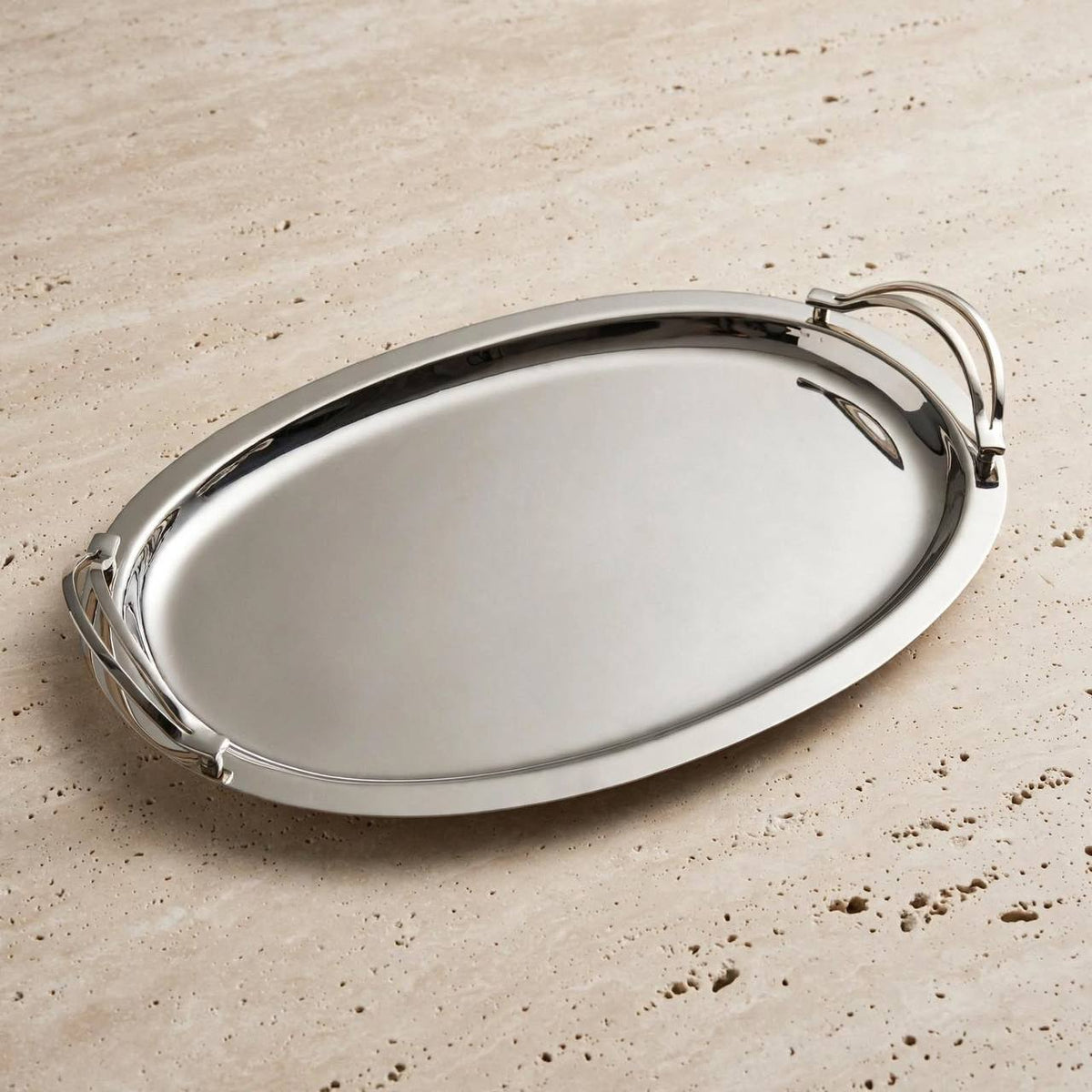 Modern Oval Mirror Chrome Stainless Steel Serving Platter with Dual-Arch Handles – 44 × 29 cm