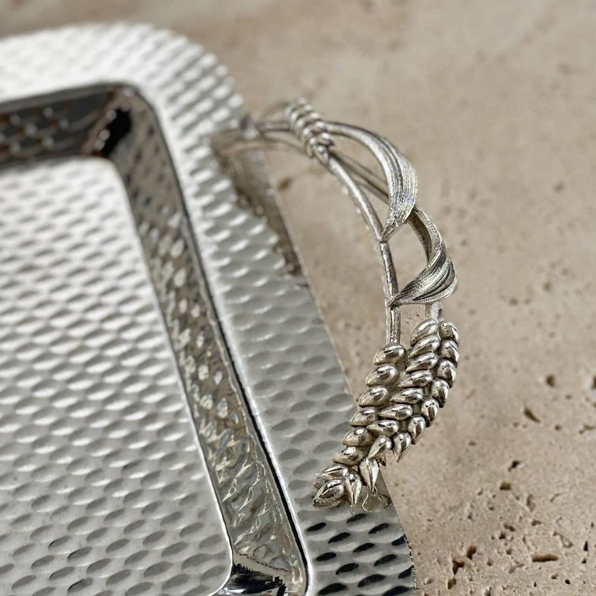 Artisanal All-Silver Stainless Steel Serving Tray with Hammered Finish & Sculpted Wheat Sheaf Handles – 42 × 26 cm