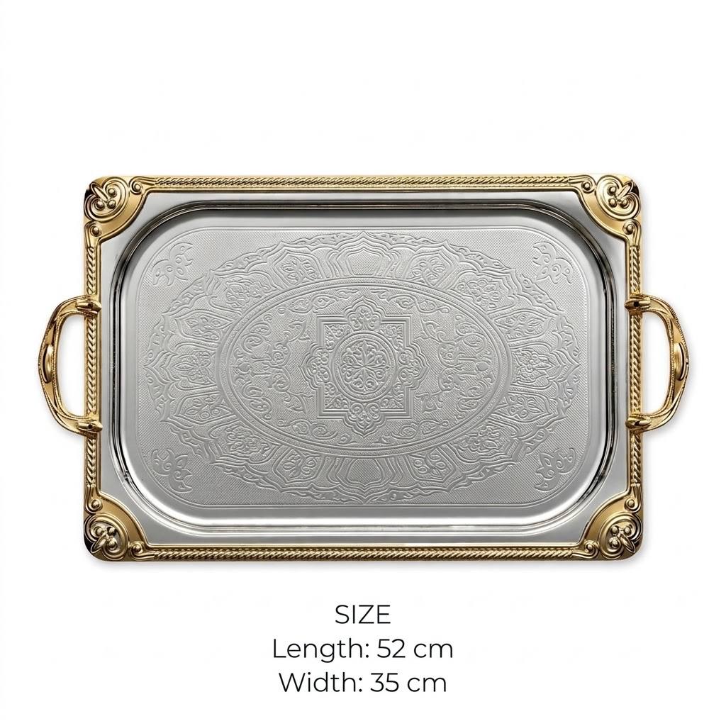 Royal Dual-Tone Stainless Steel Serving Platter with Deep Arabesque Etching & Gilded Baroque Corners – 52 × 35 cm