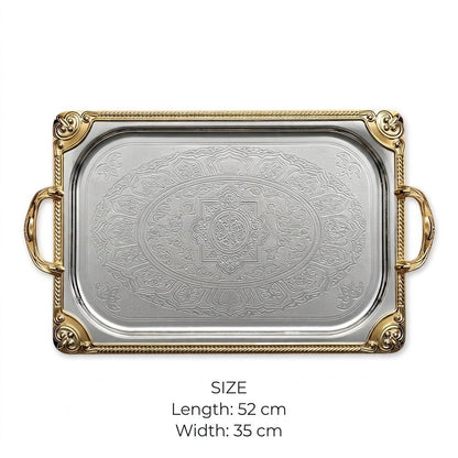 Royal Dual-Tone Stainless Steel Serving Platter with Deep Arabesque Etching & Gilded Baroque Corners – 52 × 35 cm