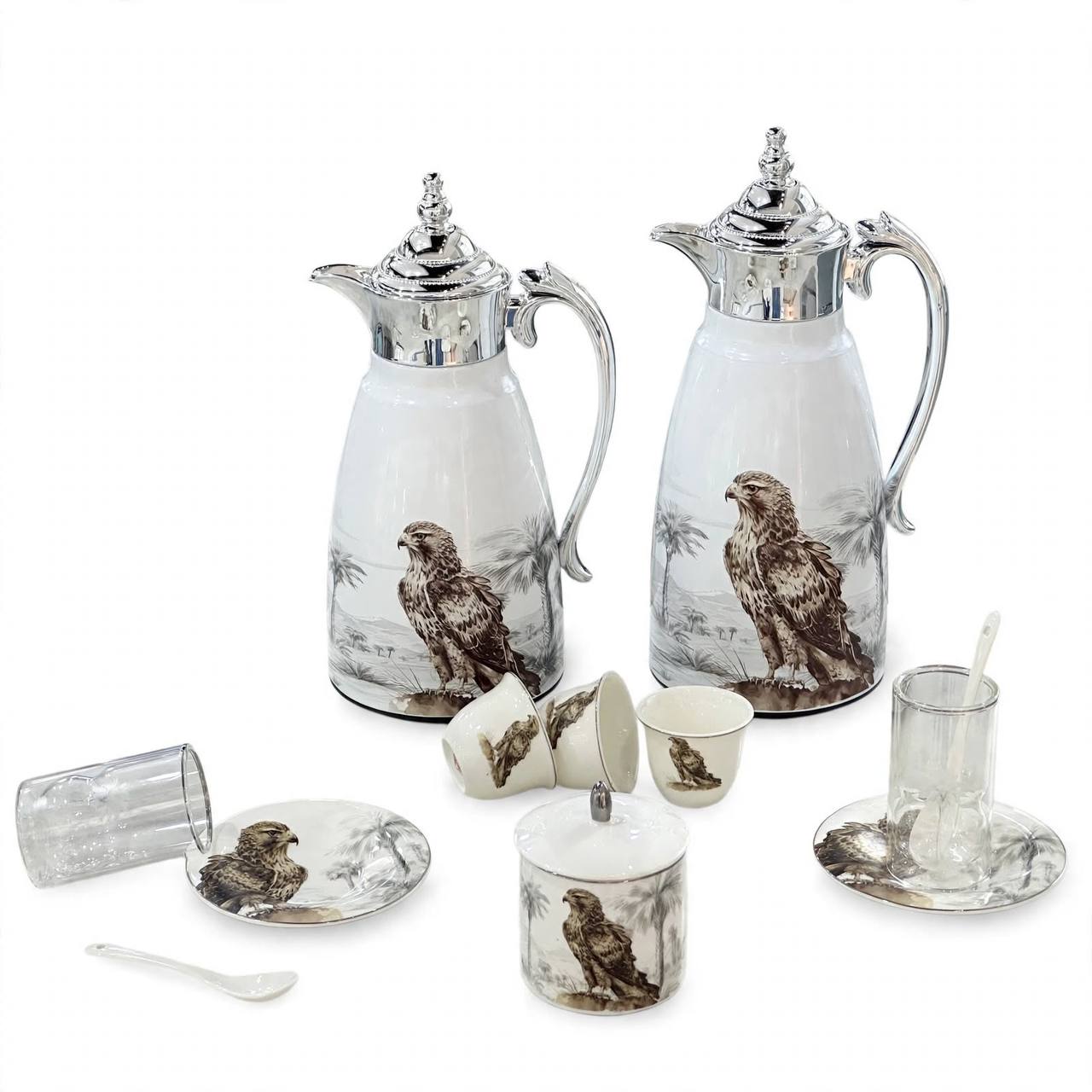 Heritage Falcon Edition 27-Piece Tea & Arabic Coffee Hospitality Set with Chrome Accents & Dual Thermal Carafes