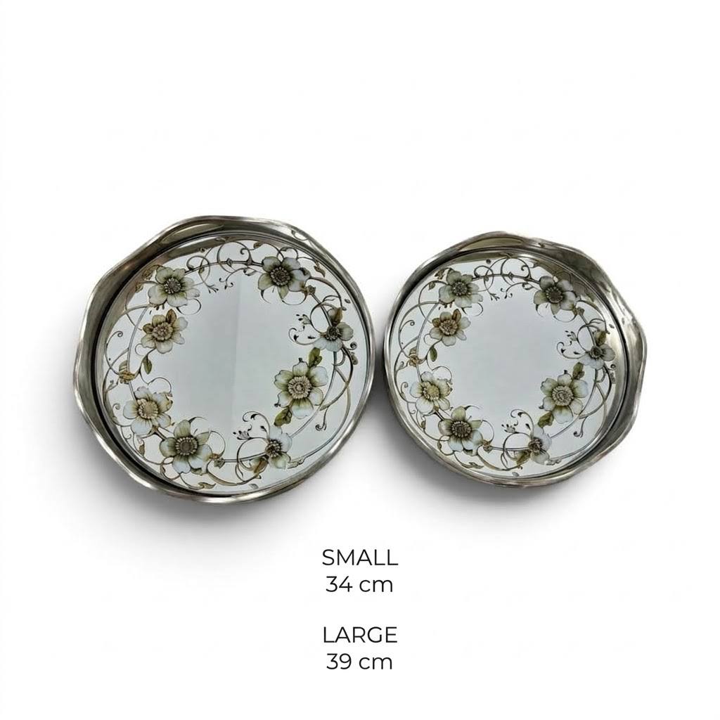 Elegant 2-Piece Round Serving Tray Set with Floral Botanical Print & Sculpted Silver Rim