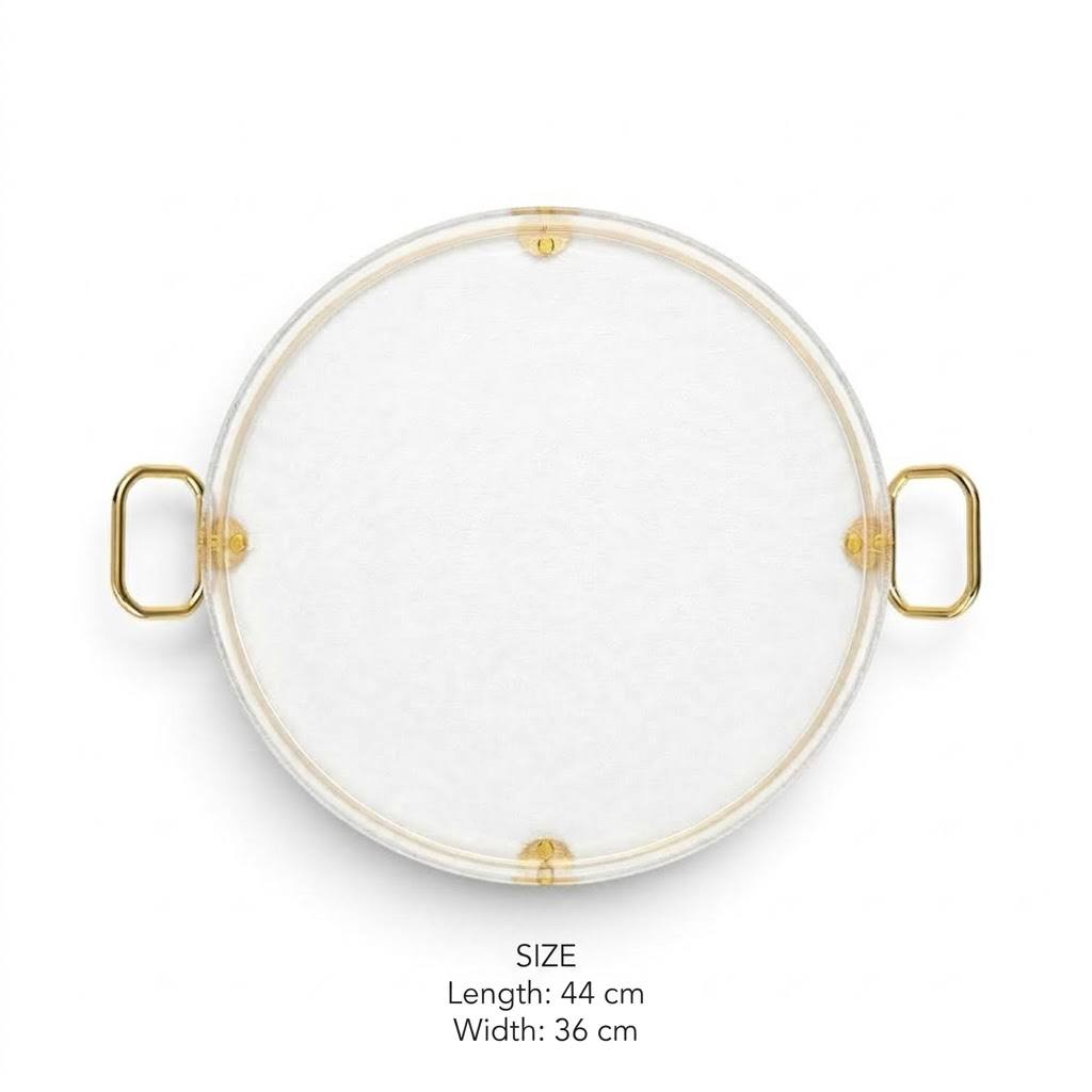 Luxury Round Clear Acrylic Serving Platter with Gilded Frame & Loop Handles – 44 × 36 cm