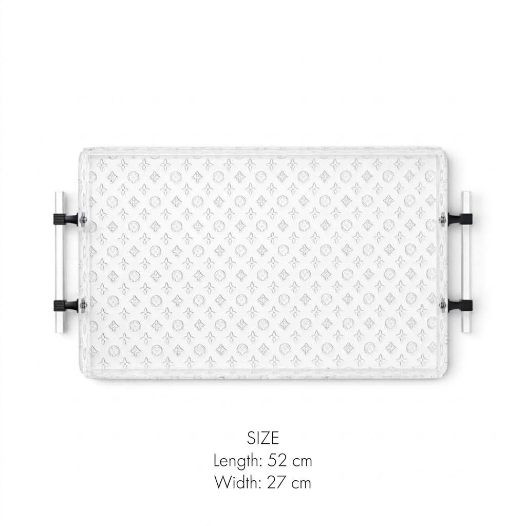 Luxury Monogram Pattern Clear Acrylic Serving Tray with Cylindrical Handles & Matte Black Hardware – 52 × 27 cm