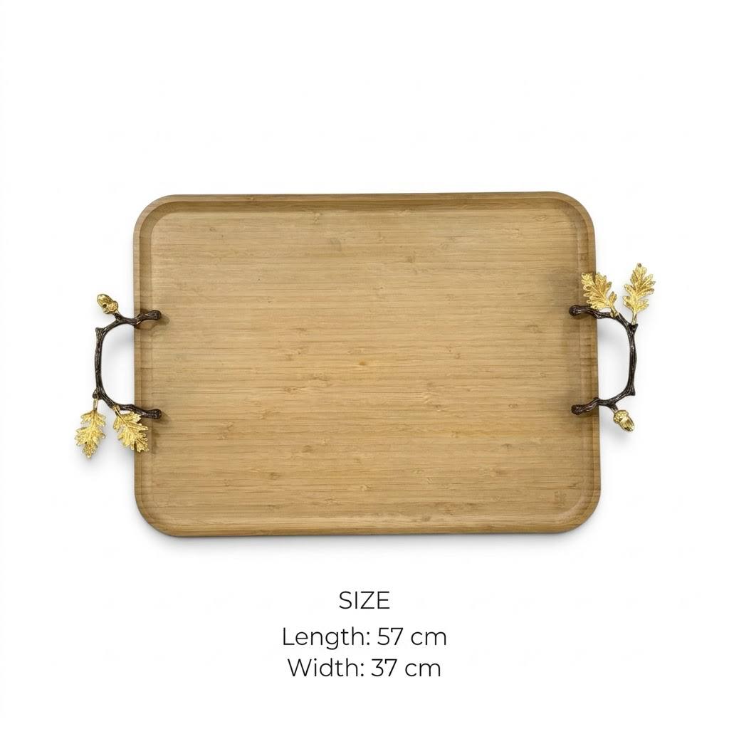 Natural Wood Rectangular Serving Platter with Gilded Oak Leaf Branch Handles – 57 × 37 cm