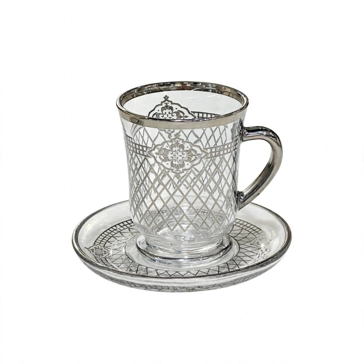 Glass Tea Cups & Saucers 12 Pcs Set Silver Pattern